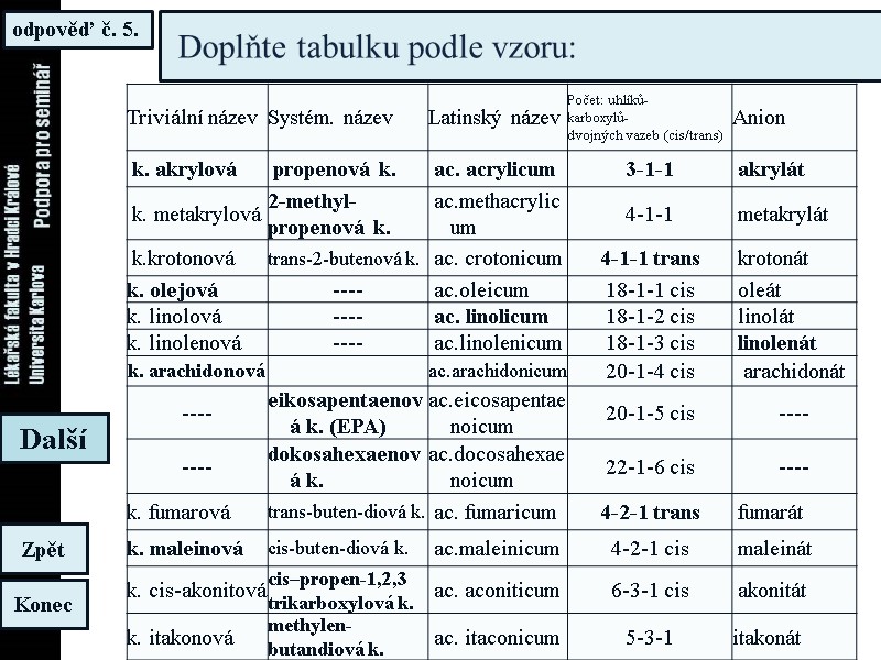 Doplňte tabulku podle vzoru: odpověď č. 5. Ústav lékařské biochemie LFHK UK Konec Zpět Doplňte tabulku podle vzoru: odpověď č. 5. Ústav lékařské biochemie LFHK UK Konec Zpět